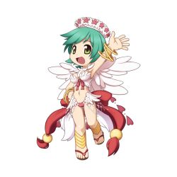 Rule 34 | 1girl, :d, aqua hair, arm up, armpits, bangle, bikini, bracelet, bracer, breasts, brown footwear, chibi, cleavage, feather trim, feathered wings, feet, flip-flops, flower, full body, green eyes, head wreath, heart, jewelry, large breasts, legs, looking at viewer, medium bangs, nail polish, navel, official art, open mouth, pink flower, ragnarok online, sandals, short hair, simple background, smile, solo, standing, standing on one leg, swimsuit, tachi-e, toes, transparent background, wanderer (ragnarok online), waving, whip, white bikini, white wings, wings, yuichirou