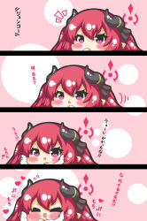 Rule 34 | &gt; &lt;, 1girl, 1other, 4koma, absurdres, black ribbon, blue archive, blush stickers, chibi, closed eyes, closed mouth, comic, commentary request, flying sweatdrops, gloves, hair between eyes, hair ribbon, halo, hand up, hands up, highres, horns, junko (blue archive), kurukurumagical, notice lines, open mouth, out of frame, pointy ears, purple eyes, red hair, ribbon, sensei (blue archive), speed lines, translation request, wavy mouth, white gloves