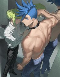 Rule 34 | 2boys, bathroom, belt, black choker, black footwear, black pants, blue eyes, blue hair, blue pants, chinese commentary, choker, collared shirt, commentary request, denim, feet out of frame, foreshortening, from above, galo thymos, green hair, height difference, highres, holding, holding leash, indoors, jeans, leash, leash pull, lio fotia, long sleeves, looking at viewer, looking back, male focus, mirror, multiple boys, pants, parted lips, pink eyes, promare, reflection, shirt, shoes, short hair, sink, sneakers, spiked hair, standing, toned, toned male, topless male, undercut, white footwear, white shirt, yaoi, yuan di shaobing