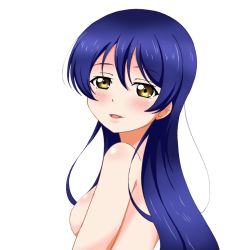 Rule 34 | 1girl, artist name, artist request, bare shoulders, blue hair, blush, breasts, brown eyes, female focus, from behind, hair between eyes, half-closed eyes, long hair, looking at viewer, looking back, love live!, love live! school idol project, parted lips, sideboob, smile, solo, sonoda umi, upper body, white background, yellow eyes