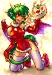 Rule 34 | 1girl, :q, boots, cake, candle, christmas, draco centauros, dragon tail, dragon wings, elbow gloves, fire, food, fruit, full body, gloves, green hair, holly, horns, kneeling, madou monogatari, miniskirt, neko no yu, pom pom (clothes), puyopuyo, red gloves, santa costume, short hair, skirt, solo, strawberry, tail, thighhighs, tongue, tongue out, white thighhighs, wings, yellow background, yellow eyes