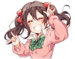 Rule 34 | 1girl, artist name, artist request, black hair, blush, bow, bowtie, cardigan, closed eyes, double v, female focus, green bow, green bowtie, hair bow, long sleeves, looking at viewer, love live!, love live! school idol project, miniskirt, nico nico nii, otonokizaka school uniform, outline, outstretched arms, pink cardigan, pink shirt, red bow, red eyes, school uniform, shirt, skirt, smile, solo, striped bow, striped bowtie, striped clothes, teeth, twintails, v, white background, yazawa nico
