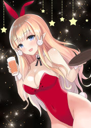 Rule 34 | 1girl, black bow, blonde hair, blue eyes, blush, bow, breasts, elf, hair bow, hair ornament, kohana (princessxhana), large breasts, leotard, long hair, looking at viewer, open mouth, playboy bunny, pointy ears, princess connect!, saren (princess connect!), smile, solo