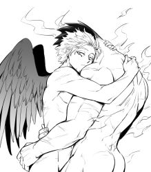 Rule 34 | 2boys, absurdres, ass, ass grab, back, boku no hero academia, completely nude, couple, cowboy shot, endeavor (boku no hero academia), expressionless, feathered wings, fire, greyscale, groin, hawks (boku no hero academia), helen roro, highres, hug, male focus, mature male, monochrome, multiple boys, muscular, muscular male, nude, scar, scar on arm, short hair, spiked hair, wings, yaoi