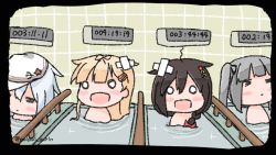 Rule 34 | 4girls, = =, ahoge, bandages, bathing, bathroom, black hair, black ribbon, blonde hair, braid, clock, commentary request, exhausted, closed eyes, flat cap, grey hair, hair flaps, hair over shoulder, hair ribbon, hammer and sickle, hat, hibiki (kancolle), kantai collection, kasumi (kancolle), long hair, multiple girls, o o, poipoi purin, remodel (kantai collection), ribbon, shigure (kancolle), side ponytail, single braid, timer, twitter username, upper body, verniy (kancolle), water, white headwear, yuudachi (kancolle)