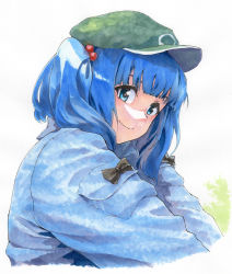 Rule 34 | 1girl, black bow, blue eyes, blue hair, blue jacket, blunt bangs, bow, closed mouth, commentary request, cropped torso, eyebrows hidden by hair, flat cap, green hat, grey background, hair bobbles, hair ornament, hair over shoulder, hat, highres, jacket, kawashiro nitori, long sleeves, looking at viewer, looking to the side, medium hair, medium request, outstretched arms, pocket, puffy long sleeves, puffy sleeves, shaded face, shiratama (hockey), short twintails, sidelocks, simple background, sleeve bow, smile, solo, tareme, touhou, twintails, white background