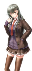 Rule 34 | 1girl, blouse, blush, breasts, brown thighhighs, closed mouth, green eyes, green hair, hair ornament, hairclip, highres, jacket, kantai collection, large breasts, long hair, long sleeves, looking at viewer, necktie, one eye closed, pleated skirt, red necktie, school uniform, shirt, simple background, skirt, smile, solo, suien, suzuya (kancolle), thighhighs, vest, white background, white shirt