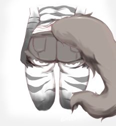 Rule 34 | 10s, 1girl, aardwolf (kemono friends), aardwolf print, animal print, ass, ass focus, back, black shorts, cropped legs, from behind, gloves, hands on ass, hands on own ass, hiroi butani, kemono friends, lower body, pantyhose, pantyhose under shorts, pocket, print gloves, print pantyhose, print shirt, shirt, short shorts, shorts, simple background, solo, tail, twitter username, white background