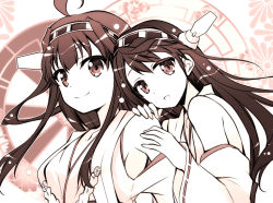 Rule 34 | 10s, 2girls, ahoge, bad id, bad pixiv id, bare shoulders, detached sleeves, floral print, gunp, hairband, haruna (kancolle), headgear, japanese clothes, kantai collection, kongou (kancolle), long hair, looking at viewer, monochrome, multiple girls, open mouth, personification, ribbon-trimmed sleeves, ribbon trim