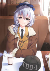 Rule 34 | 1girl, artist name, baseball cap, black necktie, bow, braid, briefcase, cellphone, cellphone charm, charm (object), chinese commentary, clothes writing, coat, coffee, commentary request, couch, cup, disposable cup, full metal panic!, grey eyes, hair between eyes, hair bow, hair over shoulder, hat, highres, holding, holding own hair, indoors, jacket, long hair, long sleeves, looking at viewer, necktie, neps-l, phone, ponytail, restaurant, silver hair, single braid, sitting, smile, solo, steam, table, teletha testarossa, unworn hat, unworn headwear, wing collar