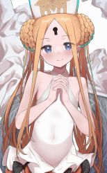 Rule 34 | 1girl, abigail williams (fate), abigail williams (swimsuit foreigner) (fate), abigail williams (swimsuit foreigner) (second ascension) (fate), bad id, bad twitter id, bare shoulders, black bow, blonde hair, blue eyes, blush, bow, braid, braided bun, double bun, dress swimsuit, fate/grand order, fate (series), flat chest, forehead, hair bun, hat, highres, interlocked fingers, keyhole, lazu0721, long hair, looking at viewer, mitre, multiple bows, one-piece swimsuit, orange bow, own hands together, parted bangs, smile, solo, swimsuit, upper body, very long hair, white hat, white one-piece swimsuit