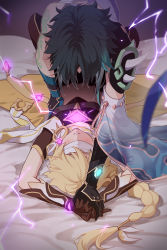 Rule 34 | 2boys, aether (genshin impact), ahoge, arm guards, arm tattoo, armor, arms up, asymmetrical clothes, bed, black gloves, black hair, blindfold, blonde hair, blush, braid, braided ponytail, coattails, covered eyes, crop top, detached sleeves, electricity, genshin impact, gloves, green gloves, green hair, hei lang, highres, holding another&#039;s arm, long hair, lying, male focus, midriff, multicolored hair, multiple boys, navel, on back, on person, open mouth, short hair with long locks, shoulder armor, shoulder pads, shoulder spikes, single bare shoulder, single detached sleeve, smile, spikes, tattoo, two-tone hair, vision (genshin impact), wide sleeves, xiao (genshin impact)