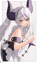 Rule 34 | 1girl, :q, ahoge, alternate costume, apron, arm cuffs, black dress, black nails, border, closed mouth, commentary request, demon girl, demon horns, dress, enmaided, fork, frilled apron, frills, grey hair, hair between eyes, highres, holding, holding fork, holding knife, hololive, horns, knife, la+ darknesss, long hair, maid, maid apron, maid headdress, multicolored hair, pointy ears, purple hair, sidelocks, sleeveless, sleeveless dress, solo, streaked hair, striped horns, table knife, thomas 8000, tongue, tongue out, twintails, virtual youtuber, white border, yellow eyes