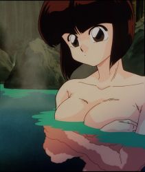 Rule 34 | 1girl, bath, breasts, brown hair, cleavage, completely nude, covering privates, covering breasts, crossed arms, highres, large breasts, nude, outdoors, ranma 1/2, screencap, short hair, solo, steam, stitched, tendou nabiki, third-party edit, water