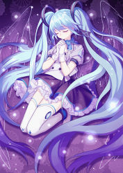 Rule 34 | 1girl, black skirt, blue bow, blue hair, bow, closed mouth, closed eyes, frilled skirt, frills, full body, gloves, hair ribbon, hatsune miku, kneeling, legs together, long hair, mirror (xilu4), own hands clasped, own hands together, puffy short sleeves, puffy sleeves, purple background, ribbon, short sleeves, skirt, solo, thighhighs, twintails, very long hair, vocaloid, white footwear, white gloves, white thighhighs, wings, zettai ryouiki