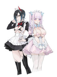 Rule 34 | 2girls, alternate costume, apron, azur lane, back bow, black bra, black dress, black hair, black thighhighs, bow, bra, breastless clothes, breasts, claw ring, dress, drill hair, ear piercing, eyes visible through hair, framed breasts, frilled apron, frills, garter straps, gloves, hand in own hair, hand on own hip, highres, horns, large breasts, long hair, long sleeves, looking at viewer, maid, maid apron, maid headdress, mechanical horns, micro bra, multicolored hair, multiple girls, nail polish, ohisashiburi, piercing, pink bra, pink dress, pink eyes, pink hair, plymouth (azur lane), puffy short sleeves, puffy sleeves, red bow, red horns, red nails, short dress, short hair, short sleeves, shrug (clothing), simple background, skindentation, small breasts, standing, thighhighs, twin drills, twintails, two-tone hair, ulrich von hutten (azur lane), ulrich von hutten (mayhem maid) (azur lane), underbust, underwear, v arms, waist apron, white apron, white background, white garter straps, white gloves, white hair, white thighhighs, yellow eyes, zettai ryouiki
