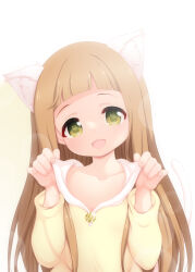 Rule 34 | 1girl, animal ears, arched bangs, blunt bangs, brown hair, cat ears, cat tail, collarbone, commentary request, fingernails, green eyes, highres, hood, hoodie, hosizora mikoto, ichihara nina, idolmaster, idolmaster cinderella girls, long hair, long sleeves, looking at viewer, open mouth, solo, tail, upper body, white background, yellow hoodie