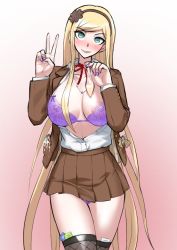 Rule 34 | 1girl, akisora, alternate hair length, alternate hairstyle, blush, bra, breasts, brown jacket, brown skirt, brown thighhighs, cleavage, closed mouth, collarbone, danganronpa (series), danganronpa 3 (anime), duplicate, fishnet thighhighs, fishnets, gradient background, hairband, jacket, large areolae, large breasts, long hair, long sleeves, miniskirt, nail polish, neck ribbon, official alternate costume, open clothes, open jacket, open shirt, pink background, pink nails, pleated skirt, purple bra, red ribbon, ribbon, shirt, skirt, smile, solo, sonia nevermind, thighhighs, underwear, v, white shirt