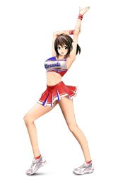 Rule 34 | 1girl, ankle socks, armpits, arms up, blue eyes, breasts, brown hair, cheerleader, crop top, full body, highres, kinfuji, long hair, looking at viewer, midriff, navel, open mouth, ponytail, red socks, shirt, shoes, short hair, simple background, skirt, smile, sneakers, socks, solo, standing, taut clothes, taut shirt, white footwear, wrist cuffs, wristband, yasumi-chan, yasumi (yasumi-chan)