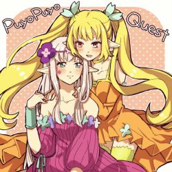 Rule 34 | 2girls, bare shoulders, blonde hair, blue eyes, blush, bracer, character request, choker, detached sleeves, dress, elf, flower, hair flower, hair ornament, hair ribbon, hairband, hands on another&#039;s shoulders, long hair, looking at another, multiple girls, n ko, pointy ears, puyopuyo, puyopuyo quest, red eyes, ribbon, simple background, sitting, smile, thighhighs, very long hair, white hair, yellow legwear, yuri, zettai ryouiki