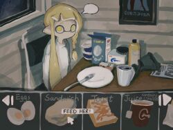 Rule 34 | 1girl, blank speech bubble, blonde hair, bottle, braid, bread, chair, cup, cursor, dr mice, egg (food), english text, food, highres, indoors, inkling, inkling girl, inkling player character, long hair, looking at viewer, nintendo, plate, pointy ears, sandwich, shirt, side braid, sitting, solo, speech bubble, splatoon (series), splatoon 3, table, tentacle hair, white shirt, yellow eyes