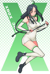 Rule 34 | 1girl, ahoge, black hair, cable, elbow gloves, g-room honten, game console, gloves, green eyes, long hair, microsoft, personification, smile, solo, thighhighs, xbox-tan, xbox 360, xbox 360-tan