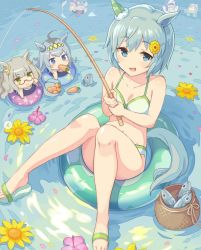 Rule 34 | 6+girls, :d, = =, ahoge, airborne, animal ears, arms up, artist request, basket, bikini, biwa hayahide (umamusume), blue background, blue eyes, blue one-piece swimsuit, blunt bangs, blush, blush stickers, breasts, brown ribbon, carrot, chibi, chibi inset, cleavage, collarbone, commentary request, ear ornament, facing viewer, fish, fishing, fishing rod, flower, food in mouth, full body, glasses, gold ship (umamusume), green eyes, green trim, grey hair, grey tail, hair ornament, hairclip, highres, holding, holding fishing rod, horse ears, horse tail, innertube, knees together feet apart, knees up, long hair, looking at another, looking at viewer, medium hair, mejiro mcqueen (umamusume), multiple girls, navel, oguri cap (umamusume), one-piece swimsuit, open mouth, outdoors, petals, pink flower, raised eyebrows, ribbon, sandals, seiun sky (umamusume), short eyebrows, sitting, small breasts, smile, solo focus, split mouth, stuffed animal, stuffed shark, stuffed toy, swim ring, swimsuit, tail, tamamo cross (umamusume), third-party source, tongue, umamusume, v-shaped eyebrows, water, white bikini, white trim, yellow flower
