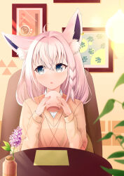 Rule 34 | 1girl, ahoge, animal ear fluff, animal ears, blurry, blurry background, blush, braid, commentary request, cup, earrings, fox ears, fox girl, green eyes, hair between eyes, highres, holding, holding cup, hololive, indoors, jewelry, long hair, looking away, open mouth, ridario (eag0003), shirakami fubuki, sidelocks, single braid, sitting, solo, sweater, triangle mouth, virtual youtuber, white hair, yellow sweater