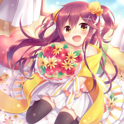 Rule 34 | 1girl, :d, amane kurumi, black thighhighs, bouquet, curtains, dress, flower, hair flower, hair ornament, heart, long hair, open mouth, original, pillow, purple hair, sitting, smile, solo, thighhighs, twintails, two side up, window, yellow eyes