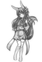 Rule 34 | 1girl, animal ears, blush, detached sleeves, flower, fox ears, fox tail, greyscale, hair flower, hair ornament, hanami shione, highres, japanese clothes, long hair, looking at viewer, minaha (playjoe2005), monochrome, original, simple background, sketch, smile, solo, tail, white background