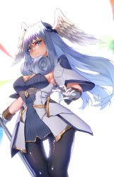 Rule 34 | 1girl, black pants, blue eyes, breasts, closed mouth, commentary request, cowboy shot, curly hair, dress, gloves, grey hair, head wings, highres, holding, holding staff, long hair, looking at viewer, medium breasts, melia antiqua, pants, pants under dress, partial commentary, sabanomi soni, short dress, short sleeves, siebolds demon, solo, spoilers, staff, white dress, white gloves, wings, xenoblade chronicles (series), xenoblade chronicles 3