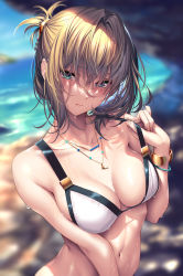 Rule 34 | 1girl, bangle, bare arms, bare shoulders, beads, bikini, blonde hair, blue eyes, blurry, blurry background, bracelet, breasts, cleavage, closed mouth, commentary request, green eyes, hair between eyes, hair ornament, hair over eyes, heterochromia, highres, idolmaster, idolmaster cinderella girls, jewelry, looking at viewer, medium breasts, messy hair, mole, mole under eye, navel, necklace, outdoors, piromizu, ponytail, raised eyebrows, short hair, short ponytail, sidelocks, solo, stomach, strap gap, strap pull, swimsuit, takagaki kaede, upper body, wet, wet hair