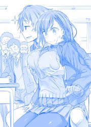 Rule 34 | &gt;:), 2girls, 3boys, ai-chan (tawawa), bandaid, bandaid on knee, bandaid on leg, blazer, blue theme, blush, braid, grabbing another&#039;s breast, breasts, classroom, clenched teeth, constricted pupils, d:, desk, getsuyoubi no tawawa, glasses, grabbing, grabbing from behind, grin, himura kiseki, jacket, jealous, large breasts, monochrome, multiple boys, multiple girls, necktie, open clothes, open jacket, open mouth, original, pantyhose, pleated skirt, school, school uniform, short hair, sitting, sitting on person, skirt, smile, smirk, sparkle, sweatdrop, sweater, teeth, v-shaped eyebrows, volley-bu-chan (tawawa), wide-eyed, yuri