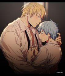 Rule 34 | 2boys, arm around waist, black neckwear, blonde hair, blue eyes, blue hair, blush, collared shirt, commentary request, couple, from side, gradient background, hair between eyes, hand on another&#039;s neck, hug, kise ryouta, kuroko no basuke, kuroko tetsuya, letterboxed, looking at another, looking down, male focus, mashima shima, multiple boys, necktie, parted lips, partially unbuttoned, pectorals, school uniform, shirt, short hair, sweat, toned, toned male, twitter username, undone necktie, undressing another, upper body, white shirt, yaoi, yellow eyes