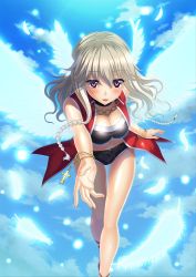 Rule 34 | 1girl, absurdres, angel wings, blonde hair, blush, breasts, choker, cleavage, cloud, feathers, female focus, flying, game cg, head wings, highres, in vitro shoujo, large breasts, legs, long hair, looking at viewer, navel, pink eyes, sandals, short shorts, shorts, sky, sleeveless, smile, solo, tadano akira, thighs, wings