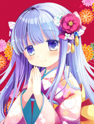 Rule 34 | 1girl, blue eyes, blue hair, blush, closed mouth, commentary request, floral background, floral print, flower, hair flower, hair ornament, hands up, highres, japanese clothes, kimono, long hair, long sleeves, looking at viewer, multicolored hair, obi, original, palms together, print kimono, purple flower, purple hair, purple kimono, red background, sakurazawa izumi, sash, simple background, smile, solo, two-tone hair, upper body, white flower, wide sleeves