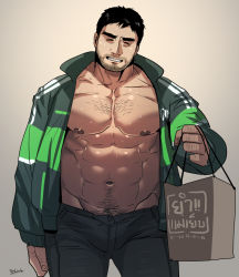 Rule 34 | 1boy, abs, bag, bara, bare pectorals, black hair, body hair, bulge, chest hair, closed eyes, cowboy shot, delivery, denim, facial hair, gradient background, jacket, jeans, large pectorals, male focus, manly, muscular, navel, nipples, open clothes, open jacket, original, pants, pectorals, rybiok, shopping bag, short hair, solo, stubble, thick thighs, thighs