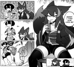 Rule 34 | 2girls, animal ears, arm tattoo, blush, breasts, cleavage, closed eyes, closed mouth, collarbone, comic, d-floe, drinking, drinking straw, drinking straw in mouth, english text, eyeshadow, fang, fox ears, fox girl, fox tail, greyscale, highres, horns, juice box, makeup, monochrome, multiple girls, oni, oni horns, open mouth, original, saka himori (d-floe), shorts, small breasts, smile, socks, speech bubble, sumi (d-floe), tail, tattoo, thighhighs
