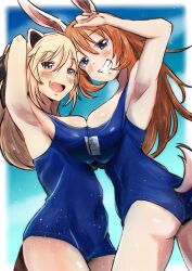Rule 34 | 2girls, absurdres, animal ears, armpits, ass, blonde hair, breast press, breasts, charlotte e. yeager, hair ribbon, highres, katharine ohare, large breasts, long hair, multiple girls, one-piece swimsuit, orange hair, rabbit ears, rabbit tail, raccoon ears, ribbon, strike witches, strike witches: suomus misfits squadron, swimsuit, symmetrical docking, tail, tama kitsune, wet, world witches series