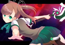 Rule 34 | 1girl, ankle wings, boots, brown hair, green eyes, hair ribbon, long hair, nanase (under night in-birth), nyomosuke, outstretched arms, pleated skirt, ribbon, school uniform, skirt, socks, solo, sword, twintails, under night in-birth, weapon, wings