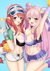 Rule 34 | 2girls, :d, arm up, bikini, bikini skirt, bikini under clothes, black bikini, blue background, blue bikini, blue eyes, blue headwear, blue vest, blush, braid, breast press, breasts, cleavage, collarbone, commentary request, frills, hair ornament, hair rings, hatsune (princess connect!), hatsune (summer) (princess connect!), highres, holding, iseshi, large breasts, long hair, looking at viewer, megaphone, misato (princess connect!), misato (summer) (princess connect!), multiple girls, open clothes, open mouth, open shirt, pink hair, pointy ears, pom pom (cheerleading), princess connect!, purple eyes, red hair, shirt, short shorts, short sleeves, shorts, simple background, single braid, smile, standing, standing on one leg, star (symbol), star hair ornament, striped clothes, striped shorts, swimsuit, symmetrical docking, translation request, vertical-striped clothes, vertical-striped shorts, very long hair, vest, visor cap, white bikini, white shirt, white shorts
