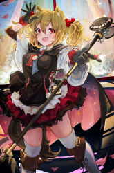 Rule 34 | 1girl, :d, absurdres, animal ear fluff, animal ears, arknights, black gloves, black shirt, black skirt, blonde hair, boots, cape, commentary, fang, feet out of frame, frilled skirt, frills, gloves, hair between eyes, hand up, highres, holding, holding microphone stand, jumbowhopper, looking at viewer, microphone stand, necktie, open mouth, red eyes, red necktie, red skirt, shirt, skirt, smile, solo, sora (arknights), standing, thighhighs, twintails, two-tone skirt, white footwear, white sleeves, white thighhighs, wolf ears