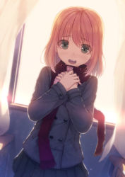 Rule 34 | 1girl, blush, brown hair, classroom, coat, curtains, dutch angle, green eyes, hands on own chest, indoors, hugging object, open mouth, original, pleated skirt, red scarf, scarf, school, siva (executor), skirt, solo, window