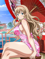 Rule 34 | 1girl, backless dress, backless outfit, bare arms, bare legs, blue eyes, blush, breasts, closed mouth, crossed legs, day, dress, earrings, from side, hair between eyes, hairband, holding, holding umbrella, ikkitousen, jewelry, large breasts, light brown hair, long hair, oil-paper umbrella, outdoors, print dress, red hairband, shiny skin, short dress, sitting, sleeveless, sleeveless dress, smile, solo, sonken chuubou, umbrella, very long hair, white dress