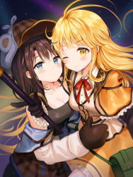 Rule 34 | 2girls, absurdres, animal hat, antenna hair, bag, bang dream!, black gloves, black hair, black shirt, blonde hair, blue eyes, breasts, brown hat, buttons, capelet, cleavage, closed mouth, collarbone, collared shirt, expressionless, frilled sleeves, frills, gloves, hair ornament, hairclip, hat, highres, holding, holding wand, hug, jacket, long hair, long sleeves, looking at viewer, medium breasts, multiple girls, neck ribbon, off shoulder, okusawa misaki, one eye closed, red neckwear, ribbon, shirt, short hair, side-by-side, sidelocks, sleeveless, sleeveless shirt, smile, star (sky), star (symbol), starry background, thumbs up, tokkyu, tsurumaki kokoro, upper body, wand, white jacket, white shirt, yellow eyes