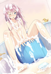 Rule 34 | 1girl, ;o, arm support, barefoot, bath, bath stool, bathing, bathroom, bathtub, blue eyes, blush, bottle, convenient censoring, dutch angle, embarrassed, fisheye, flat chest, foam, from below, hair censor, highres, indoors, keid, long hair, looking at viewer, navel, nose blush, nude, one eye closed, open mouth, original, pink hair, rubber duck, silver hair, sitting, soap, soap bubbles, soap censor, solo, spread legs, stool, toes, v arms, water, wet, wince