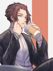 Rule 34 | 1boy, black jacket, black pants, blue lock, bracelet, brown hair, coffee, crossed legs, eyelashes, green eyes, hand on own cheek, hand on own face, highres, itoshi sae, jacket, jewelry, long sleeves, looking at viewer, mimi kco, pants, shirt, short hair, simple background, sitting, sleeves past elbows, solo, white shirt