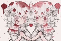 Rule 34 | 2girls, blood, blood on clothes, blush, cuts, dress, expressionless, food, food-themed hair ornament, fruit, hair ornament, heart, heart-shaped pupils, highres, holding, holding knife, horns, injury, knife, looking at viewer, mercure 1104, multiple girls, original, red eyes, self-harm, short hair, slit throat, strawberry, strawberry hair ornament, symbol-shaped pupils, white dress, white hair