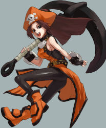 Rule 34 | 1girl, anchor, arc system works, breasts, brown hair, fingerless gloves, gloves, guilty gear, guilty gear x, guilty gear xx, hat, ippo, long hair, may (guilty gear), orange hat, orange shirt, pantyhose, pirate, pirate hat, shirt, sideboob, solo