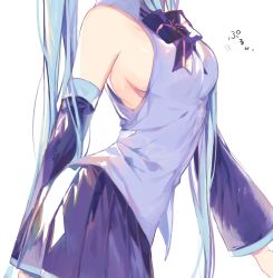 Rule 34 | 1girl, aqua hair, bare shoulders, black bow, black bowtie, black skirt, black sleeves, bow, bowtie, breasts, commentary, contrapposto, detached sleeves, from side, grey shirt, hatsune miku, head out of frame, highres, long hair, medium breasts, miniskirt, pleated skirt, shirt, sideboob, skirt, sleeveless, sleeveless shirt, solo, twintails, upper body, very long hair, vocaloid, white background, yamori shiki